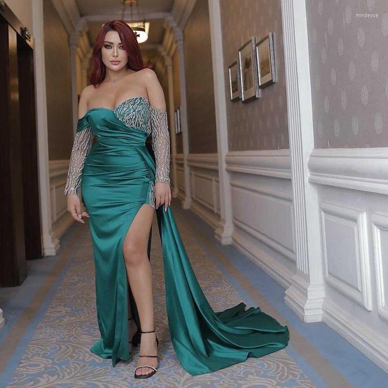 

Party Dresses Green Mermaid Evening Side Train Splits Prom Gown Off The Shoulder Long Sleeve Celebrity Wears Satin Sequin Robes, Yellow