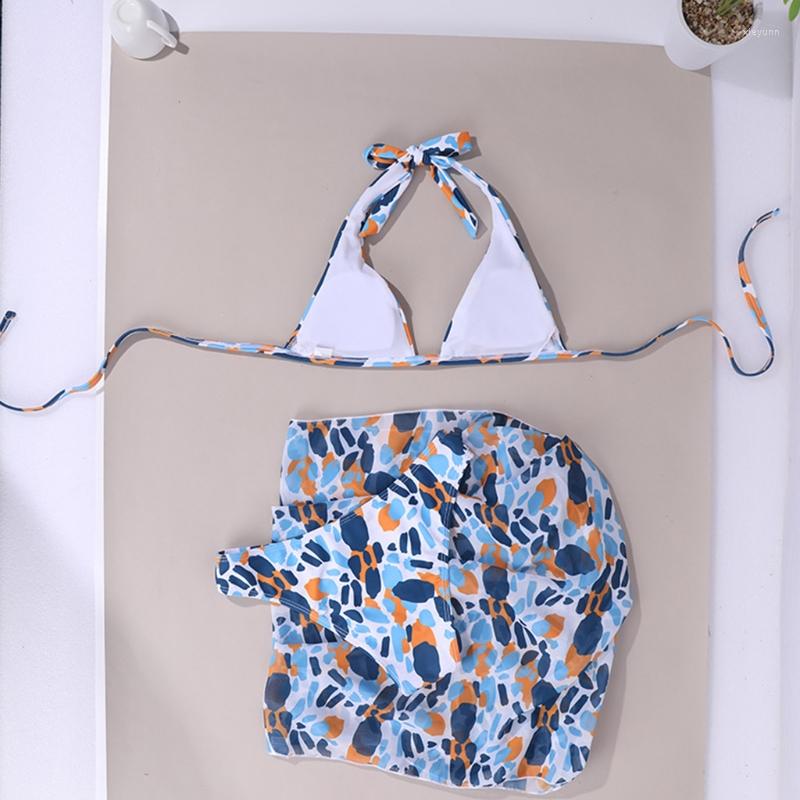 

Women's Swimwear Women Sexy 3pcs Bikini Set Halter Backless For TRIANGLE Brazilian Swimsuit With Beach Sarong Wrap Skirt Contrast Color Dot