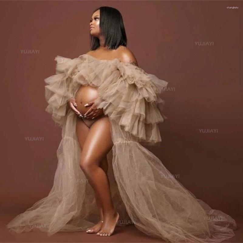

Women's Sleepwear Khaki Maternity Robe Frilled Puffy Gown Tulle Off Shoulder Maxi Skirt Poshoot Boudoir Lingerie Nightwear Babydoll, Black