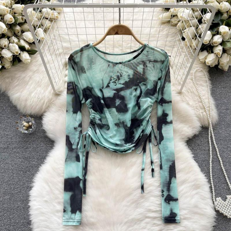 

Women's Blouses Autumn French Retro Niche Design Sense Tie-dye Drawstring Round Neck Long Sleeve Slim Bottoming Tops, As the picture