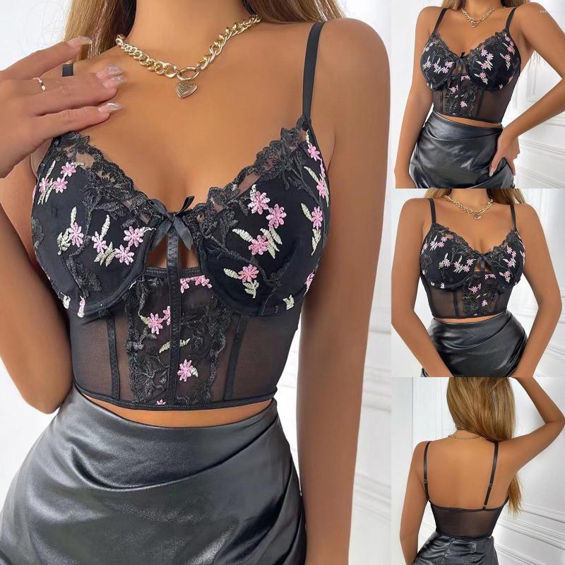 

Women' Tanks Sexy Lace Floral Sling Tank Tops Women V-Neck Spaghetti Straps Camisole Crop Top Ladies See Through Backless Underwear Camis, Black