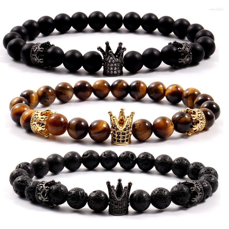 

Strand 2023 Trendy Crown Bracelet Men Pave CZ Charm Handmade 8mm Tiger Eye Stone Bead For Jewelry Gift