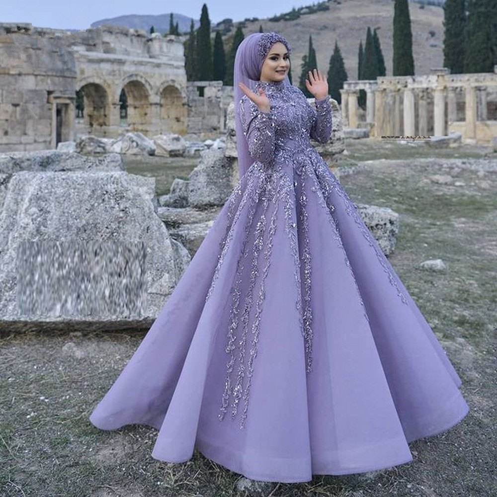 

Lavender Lilac Long Sleeve Muslim Evening Dresses 2023 Gillter Applique Luxury Dubai Arabic High Neck Prom Occasion Gown, Hunter green