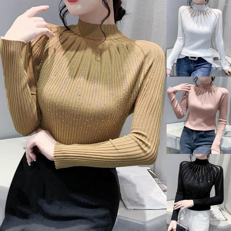 

Women' Blouses Sexy Lace Diamonds Women Pullover Sweater Autumn Half Turtleneck Long Sleeve Knitted Top Lady Drill Bottoming Jumper Blouse, Pink