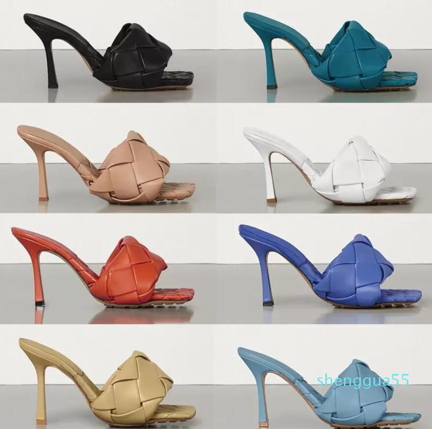 

Sexy Ladies Sandals Woven Leather Mules with Squared Sole Women Slipper Sexy Beach Slides Sandal Two Heels Flat Shoes Soft Leathe EU42, Color 1