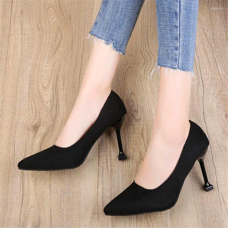 

Dress Shoes 5/7/9cm Comfort High Heels Ladies Work Autumn Black Flock Shallow Wild Women Pumps Pointy Toe Office Woman, 7 cm