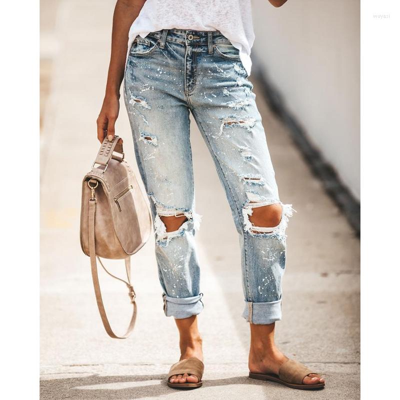 

Women's Jeans Ripped Denim Trousers Women 2023 Summer Mid Waist Hole Washed Worn Out Vintage Straight Pants Street Hipster Bottoms, Light blue