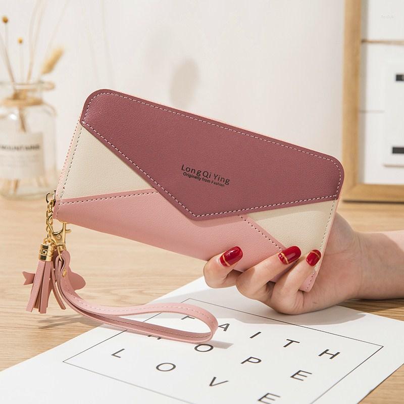 

Wallets Wristband Phone Purses Women Splice Female Purse Leather Ladies Long Woman Big Card Holder Clutch Zipper Wallet, Blue