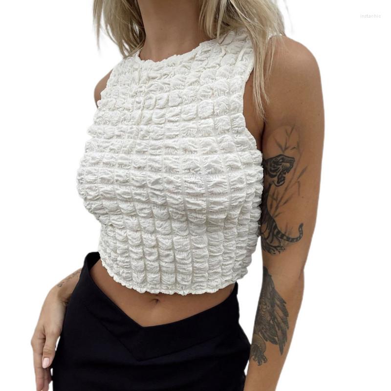 

Women' T Shirts Women Tanks Crop Tops With Bubble Plaid Solid Color Casual Style Navel Summer Clothing 2023 Latest Fashion