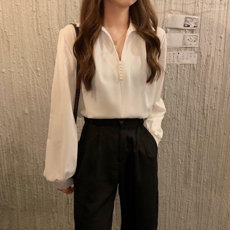 

Women's Blouses Women Spring Fall V-Neck White Elegant Loosen Shirts Fashion Pearl Design Black Formal Chiffon Tops Long Sleeve Clothes, Light green