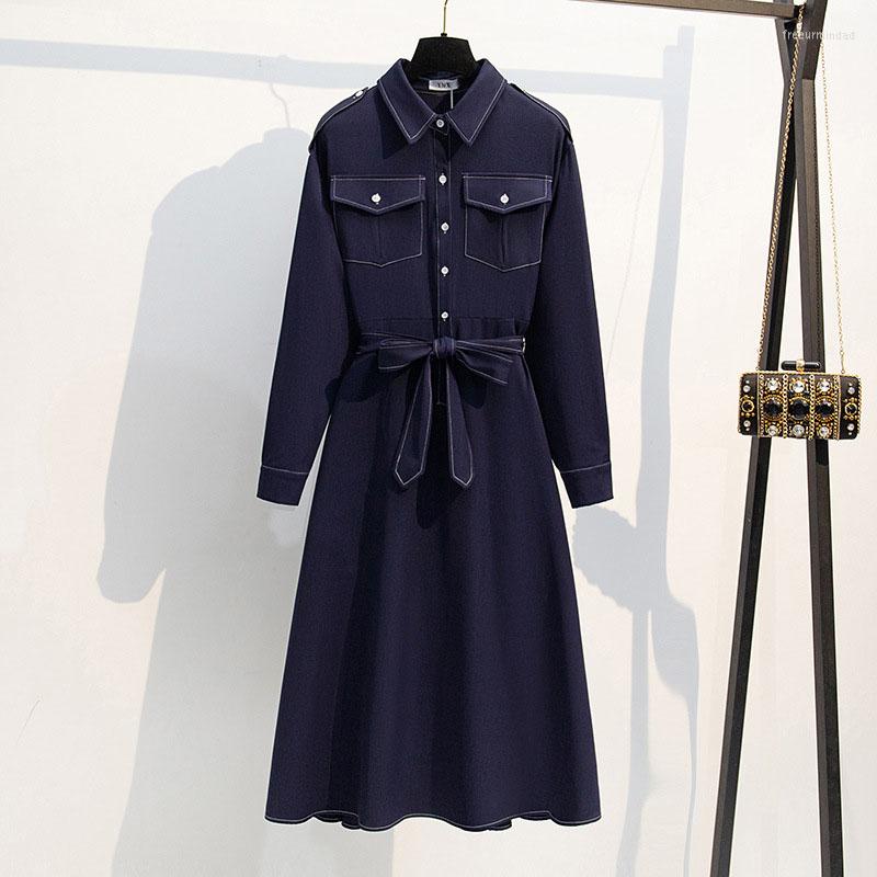 

Plus Size Dresses 175Kg Bust 170cm Women's Spring Autumn Loose Long-sleeved Lapel Long Dress With Belt Blue 6XL 7XL 8XL  10XL 11XL