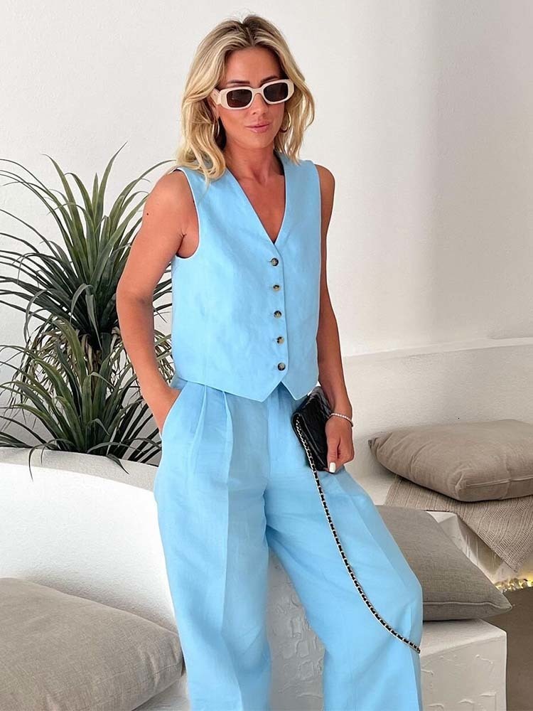 

Womens Two Piece Pants KLKXMYT TRAF Women Pants 2 Pieces Sets Fashion Linen Vest TopsStraight Pants Office Suit Vintage Woman Two Pieces Outfit 230316, Tops