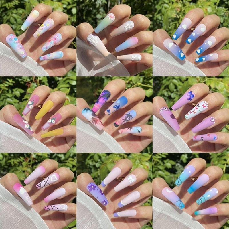 

False Nails 24Pcs White Clouds Flowers Wearable Gel Press On Nail Tips Detachable Fake Finished Fingernail