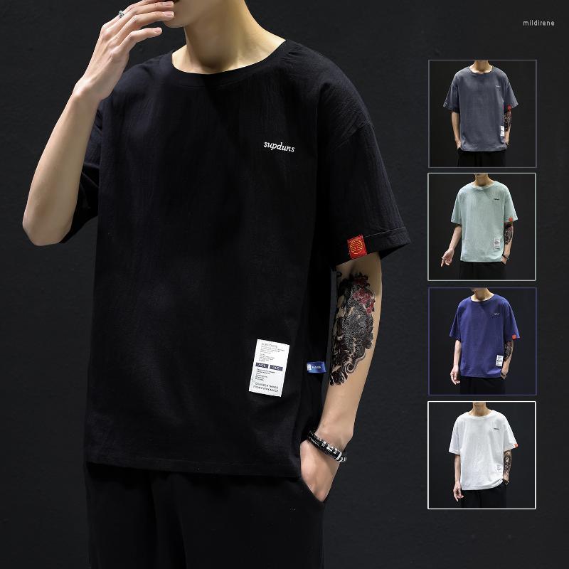 

Men's T Shirts T215 Summer Chinese Style Cotton Linen Short Sleeve T-shirt Large Breathable Label Embroidered Wear, Navy blue