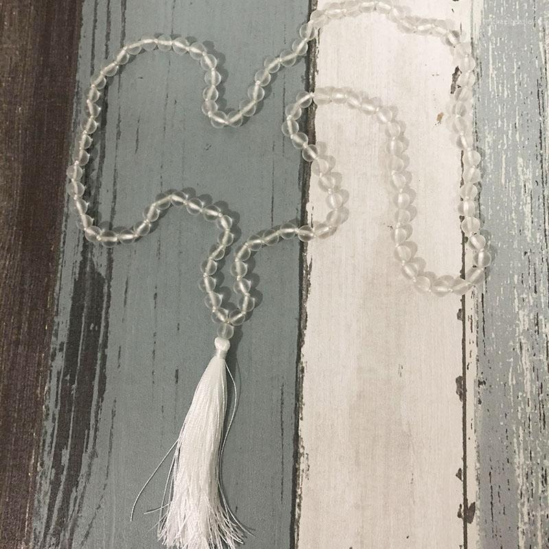 

Chains Handmade Tassel Yoga Jewelry Meditation Bohemian Boho Necklace Matte White Stone 108 Bead Hand Knotted Mala