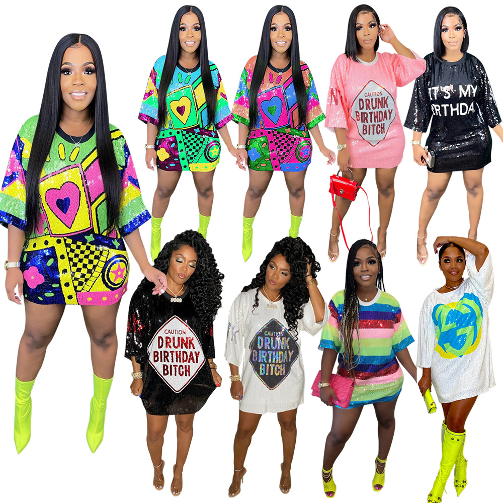 

women tops graphic tees loose fit Fashion round neck half sleeve loose beaded print dress women's party sequin nightclub plus size dressy, As picture