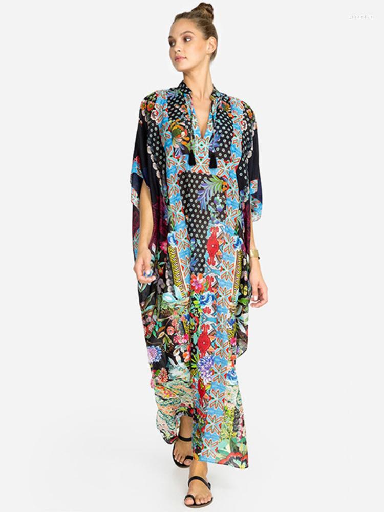 

Women's Swimwear Floral Beach Dresses Women Swimsuit Cover Up 2023 Vintage Kaftan Long Tunic Summer V Neck Pareo Bathing Suit, Black kaftan beach