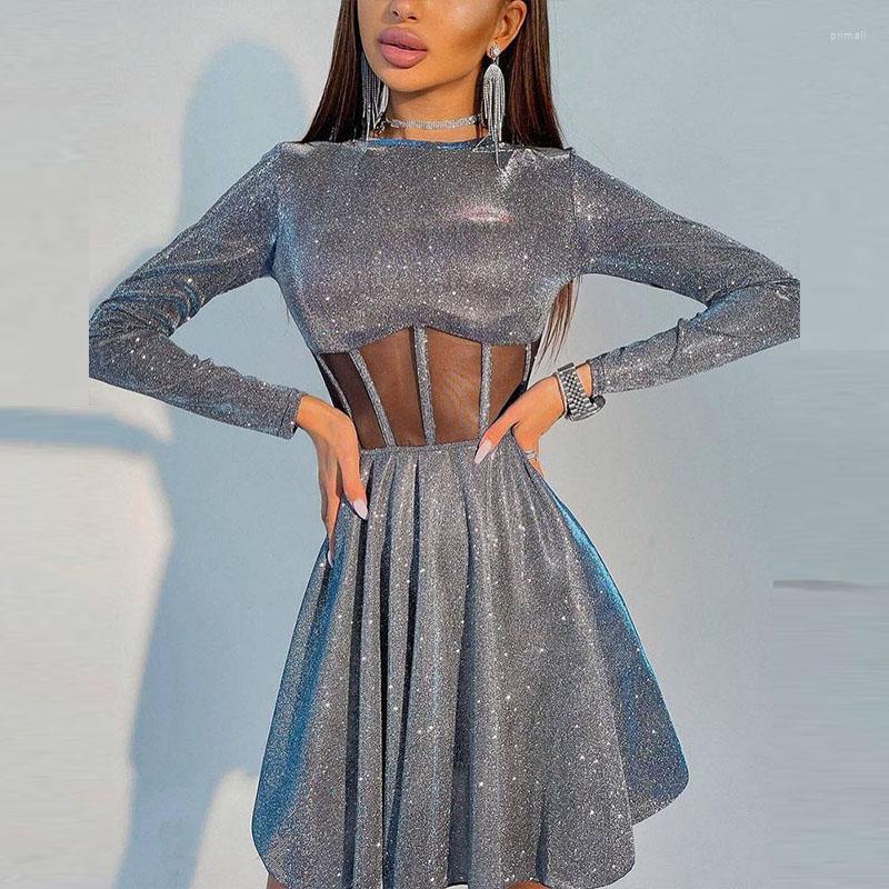 

Casual Dresses Women Fashion Pleated Ruffle Party Dress Sexy Shiny Bright Glitter Club Elegant Waist Hollow Out Mesh Mini Vestidos, 04 black