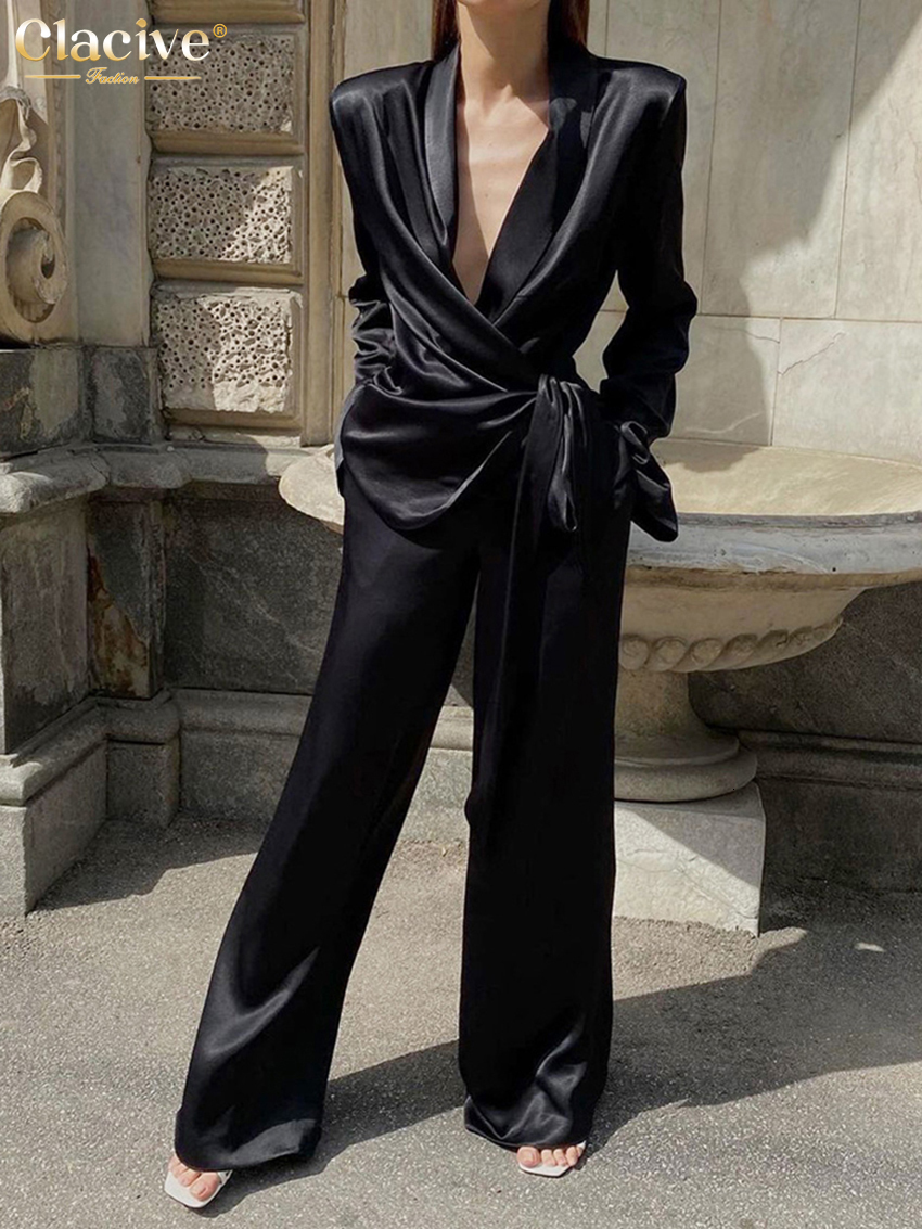 

Womens Two Piece Pants Clacive Balck Casual Satin Women Sets Autumn Long Sleeve Blazers With Wide Leg Pants Set Elegant LaceUp 2 Piece Trousers Set 230316, Black