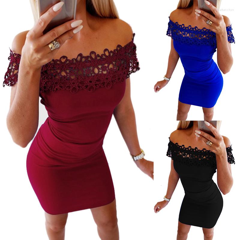 

Casual Dresses Women Summer Party Dress 2023 Sexy Off Shoulder Bodycon Mini Ladies Lace Patchwork Slash Short Vestido, Black