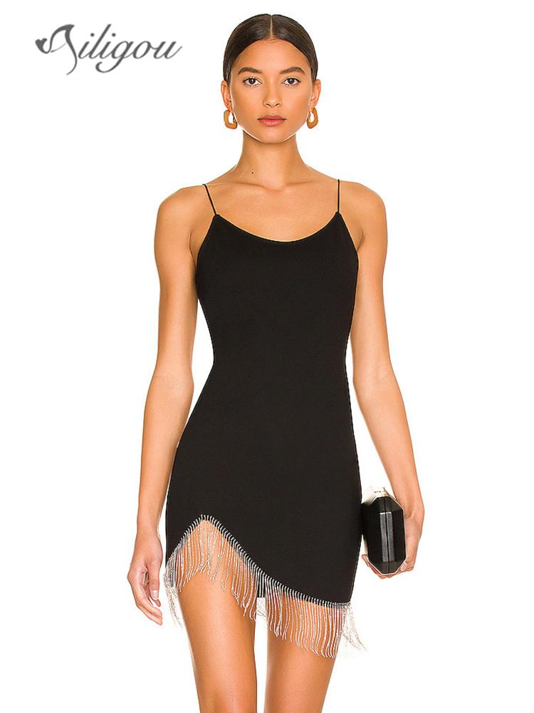 

Casual Dresses Ailigou 2023 Summer Women Fashion Black Sexy Sleeveless Backless Skinny Mini Dress Fringe Club Party Prom VestidosCasual