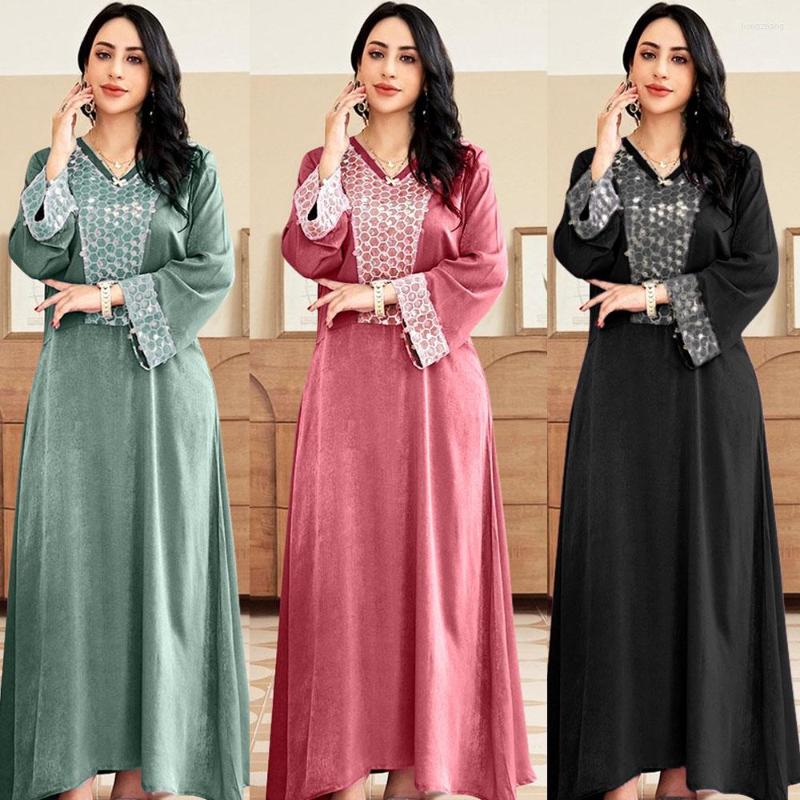 

Ethnic Clothing Abaya Dress For Women Sequined Patchwork V-neck Loose Casual Arab Muslim Robe Autumn 2023 Islamic Turkey Vestidos