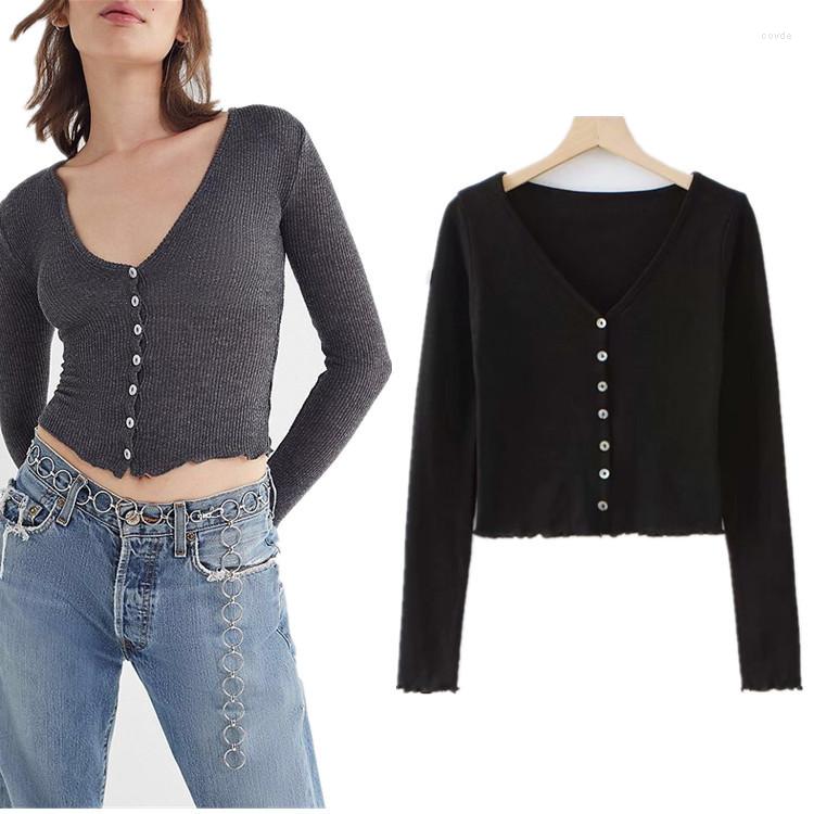 

Women' T Shirts MRMT 2023 Brand Women' Long-sleeved Shirt Thin Cardigan Big V-neck Tight T-shirt For Female Solid-colored Short Tops, Black