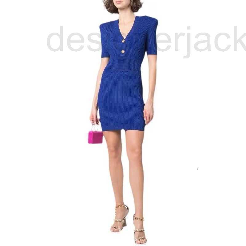 

Casual Dresses designer New style metal button V-neck knitted short-sleeved solid color dress with waistband buttocks G2ZG, White