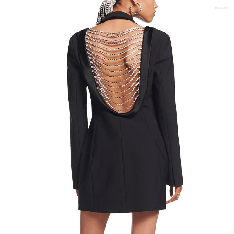 

Casual Dresses 2023 Diamond Crystal Sexy Black Backless Female Mini Dress Long Sleeve V-Neck Slim Women' Jackets Spring