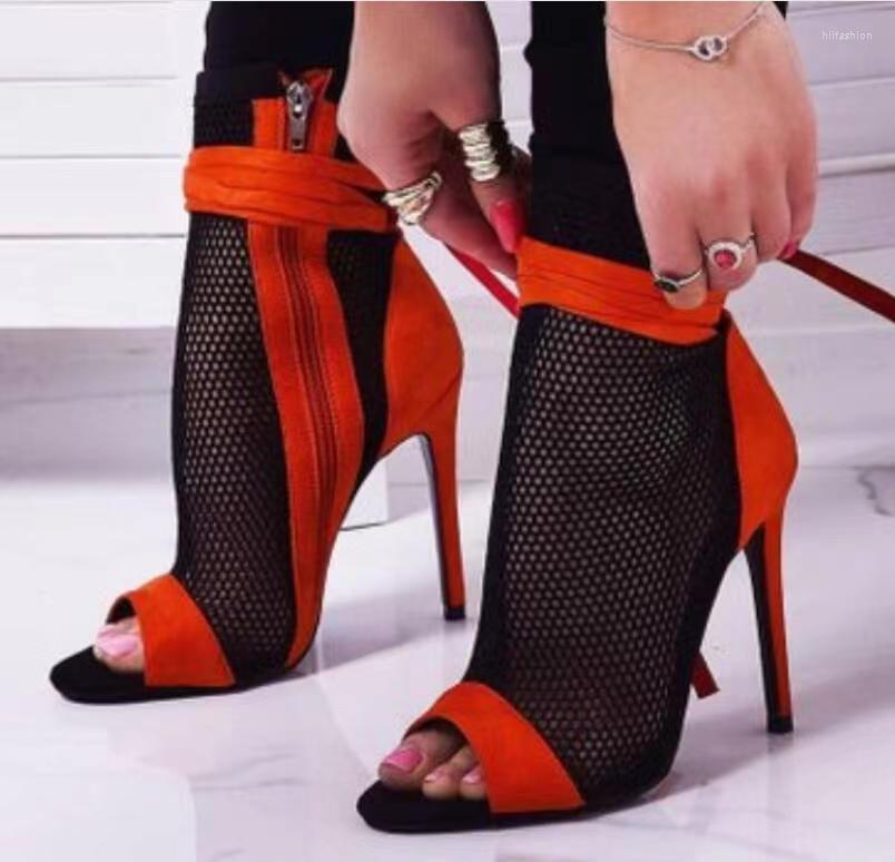 

Sandals Summer Zipper Boots Black Mesh Sexy Peep Toe Lace Up Women Shoes Stiletto High Heel Pole Dance Booties