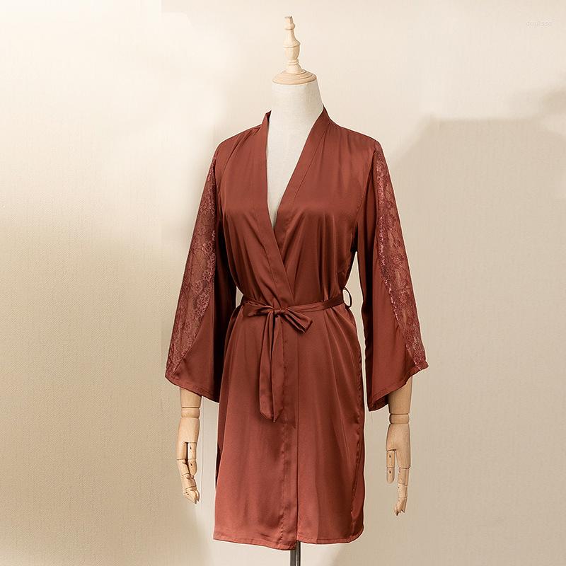 

Women's Sleepwear Satin Kimono Bathrobe Gown Sexy Lace Flower Sleeve Nightwear Loose Women Robes With Belt Causal Loungewear Homewear, Pink