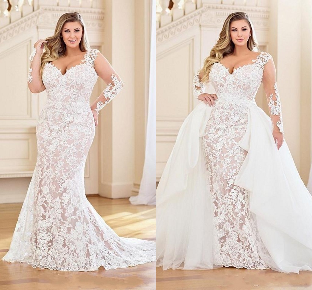 

Plus Size Mermaid Wedding Dress with Detachable Train 2023 Lace Applique Bridal Gowns Sheer Long Sleeve Vestidos De Novia, Ivory