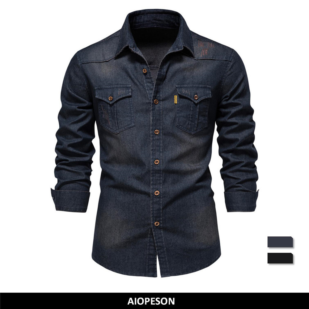 

Mens Casual Shirts AIOPESON Brand Elastic Cotton Denim Shirt Men Long Sleeve Quality Cowboy Shirts for Men Casual Slim Fit Mens Designer Clothing 230316, Black