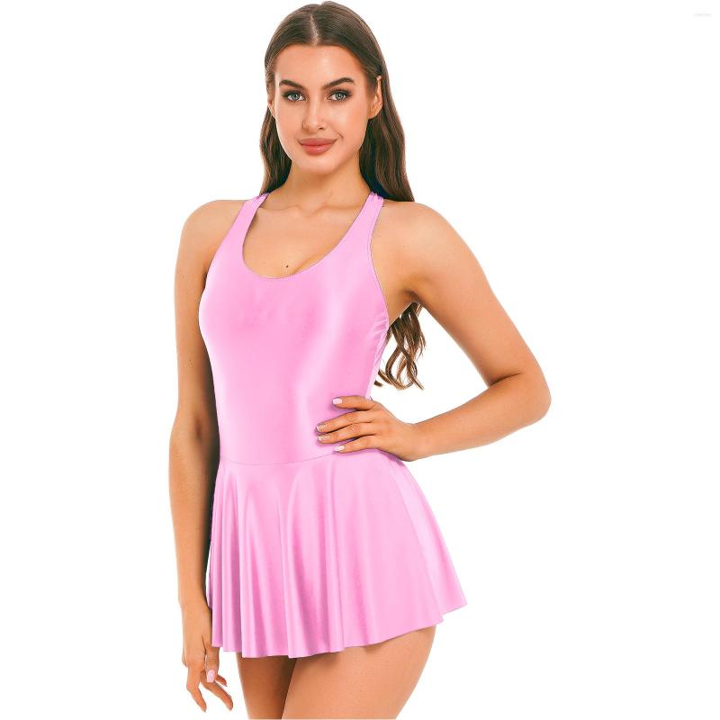 

Women' Swimwear Women' Swimsuit U Neck Leotard Dresses Sportswear Glossy Tank Dress One-Piece Sleeveless Yoga Ballet Dance Costume, Coffee