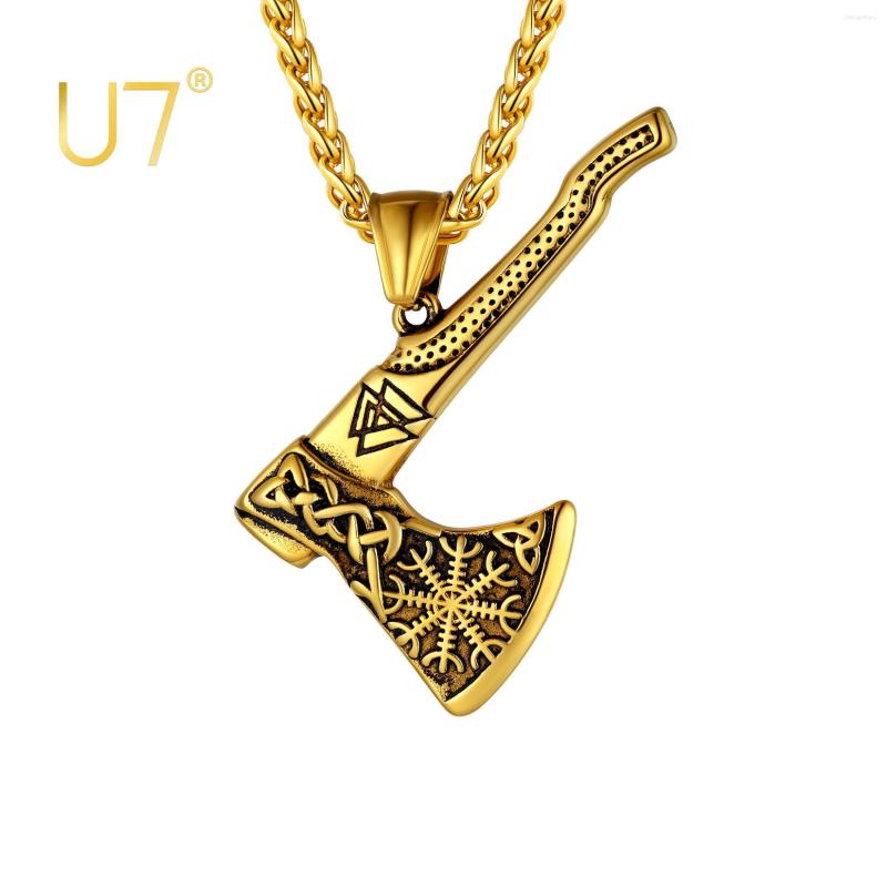 

Pendant Necklaces U7 Viking Axe For Men Women Stainless Steel Rope Chain With Norse Valknut Symbol Compass Necklace