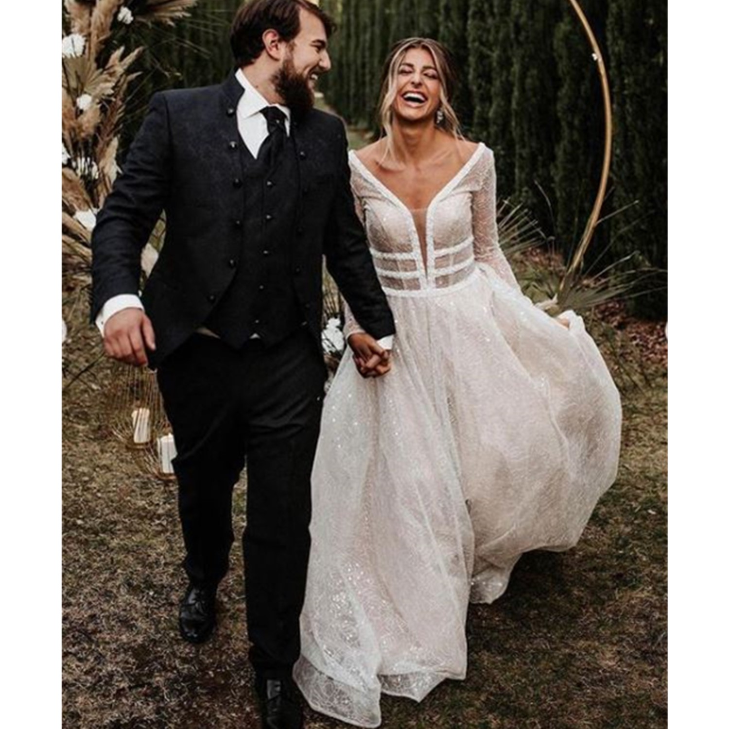 

Glitter Sequined A Line Wedding Dresses Sparkly Deep V Neck Long Sleeve Bridal Gowns Backless Boho, Champagne
