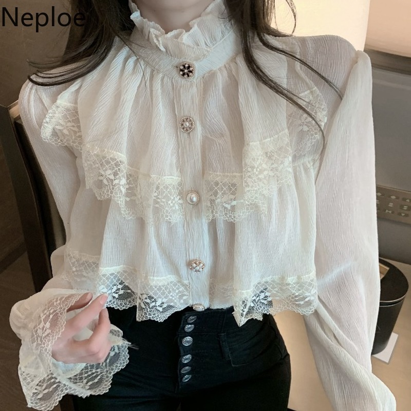 

Women' Blouses Shirts Fashion Korean White Blouse Women Blusas Stand Neck Chiffon Shirts Long Sleeve Ruffles Lace Blouses Vintage Elegant Femme Tops 230316