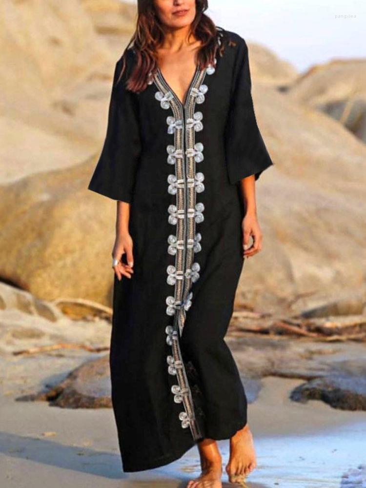 

Women's Swimwear Kaftans Beach For Women Black Embroidery Vintage Maxi Dresses Half Sleeve Tunic Bikini Cover Up Bohemian Bathing Suits, Black beach dress