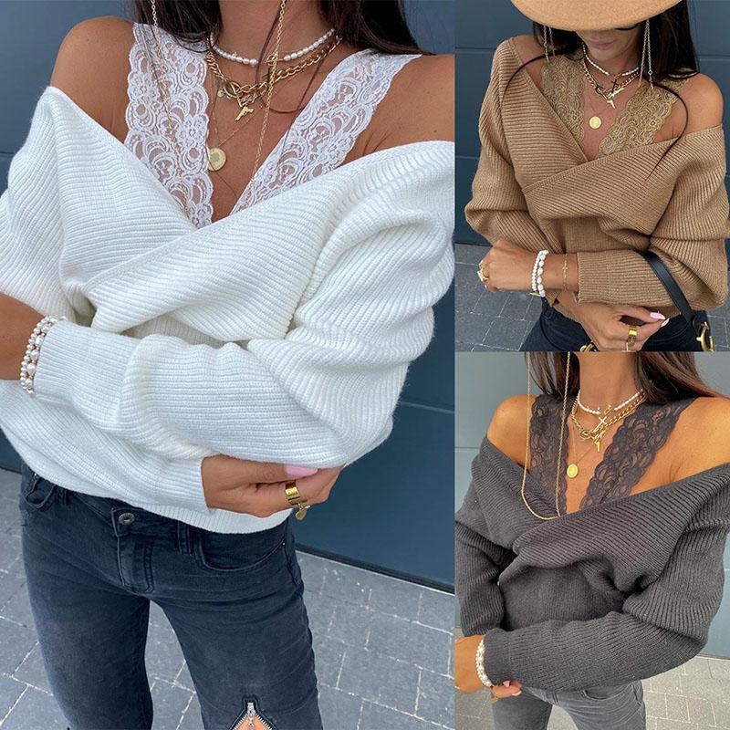 

Women' Sweaters 2023sexy Deep V Neck Lace Patchwork Off Shoulder Sweater Fashion Casual Solid Long Sleeve Ladies KniPullovers, Dark grey