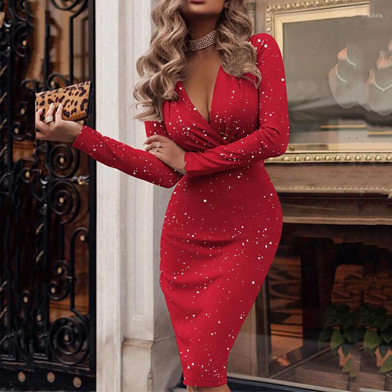 

Casual Dresses Lady Spring Solid Color Bodycon Evening Dress Elegant Deep V Neck Long Sleeve Party Sexy Glitter Hip Wrap Folds Midi, 02 red print