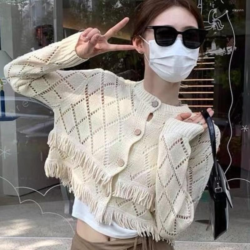

Women's Knits Korean Fashion Hollow Women's Cardigan Short Tassel Knit Sweater Solid Thin Japanese Coat Casual Long Sleeve Top Winter, Beige