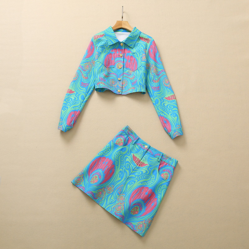 

Summer Fall Long Sleeve Two Piece Skirt Lapel Neck Blue Paisley Print Single-Breasted Coat & Pockets Mini Short Suits 2 Pieces Set 22Q19Set, Multi