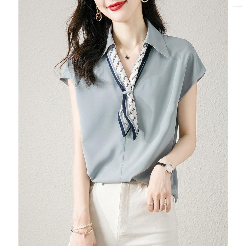 

Women's Blouses Bow Tie V-neck Shirt 2023 Summer French Commuter Contrast Color Short Sleeve Loose Women, Blue long sleeved