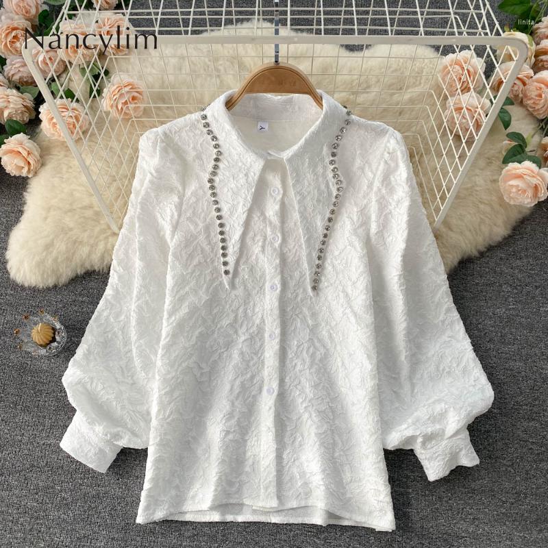 

Women's Blouses Elegant Blouse Women Long Sleeve Shirt Shiny Exquisite Rhinestone Lapel Puff Sleeved Ladies Tops Blusas Femme Solid Color, White