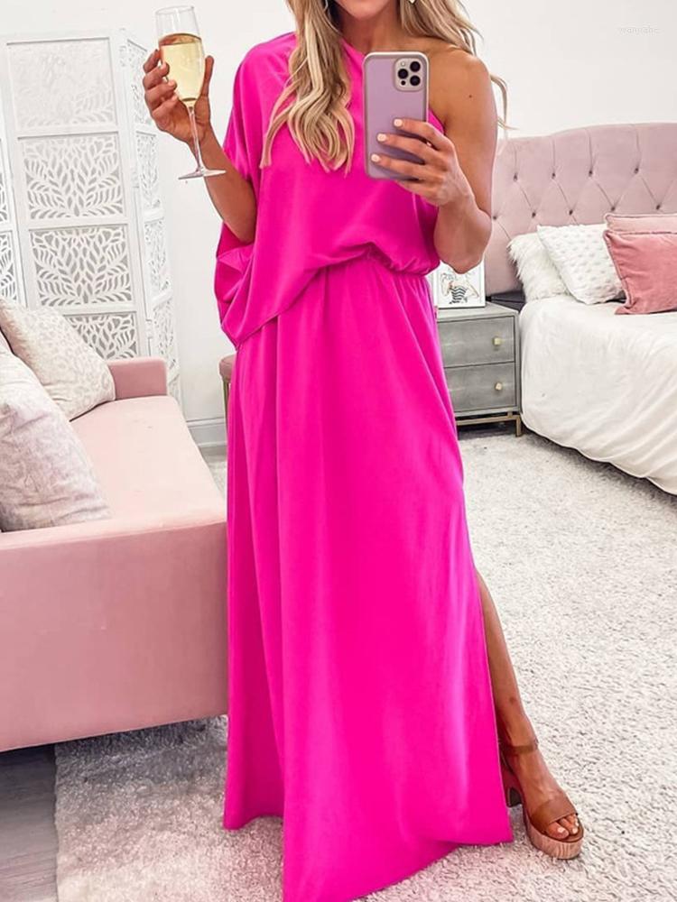 

Casual Dresses Elegant Solid Hem Slit Long Dress Women Fashion Diagonal Collar Waist Commuter Sexy Off Shoulder Beach Party Vestido, 03 red