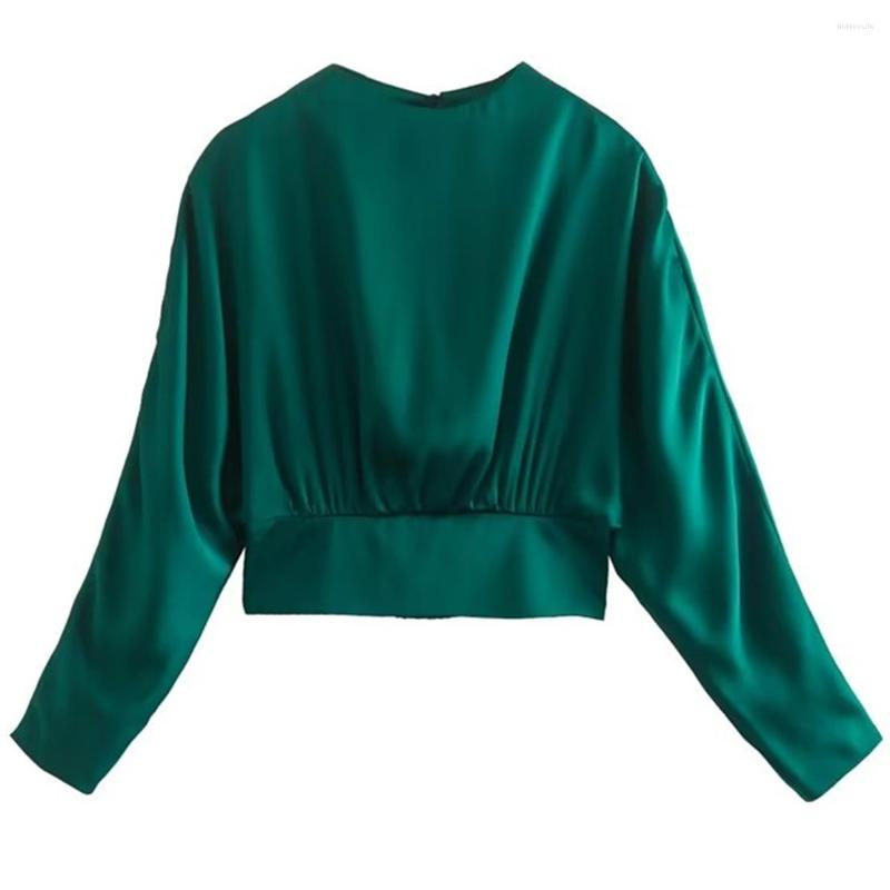 

Women's Blouses Maxdutti French Vintage Backless Blouse Women Sexy Blackish Green Fashion Satin Shirt Short