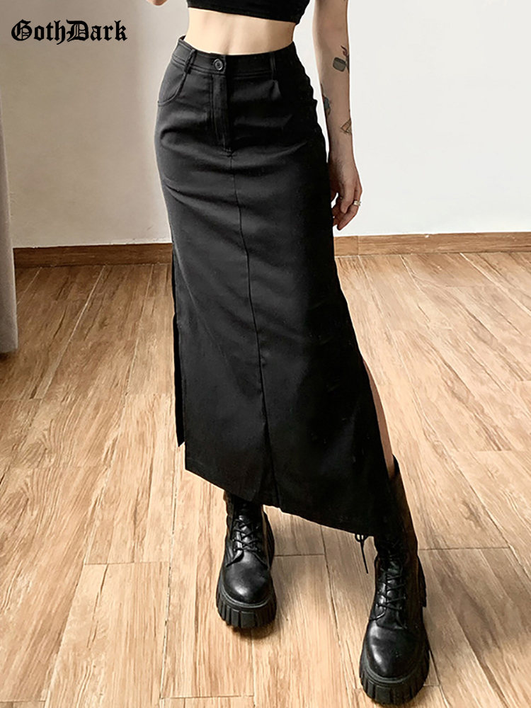

Skirts Goth Dark Grunge Casual Tag Split Women Midi Skirts Mall Gothic Punk High Raise Slim Long Skirt Y2k Sexy Fashion Streetwear 230316, Black