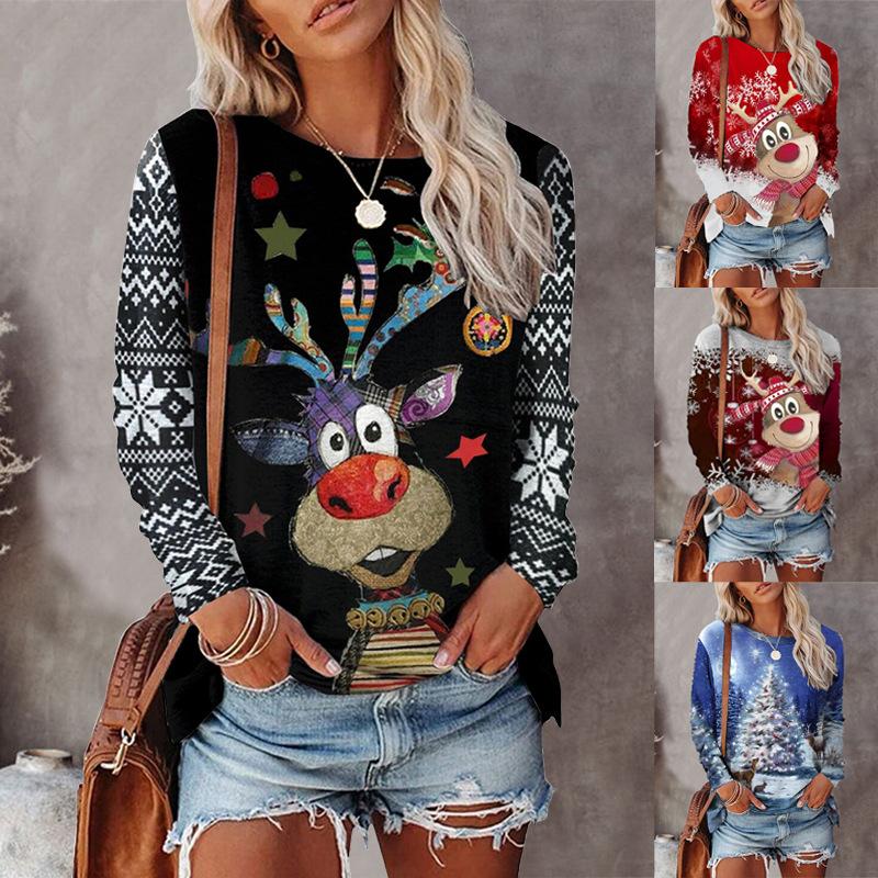 

Women' T Shirts Christmas Vintage O-Neck Long Sleeve Shirt Women Autumn Winter Top Flower Deer Tree Print Casual Y2k Clothes, Black