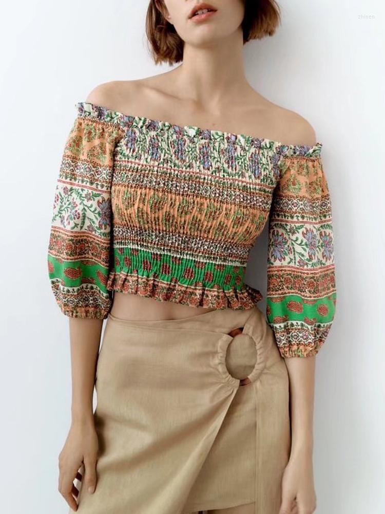 

Women's Blouses 2023 Summer Women Striped Elastic Blouse Casual Slash Neck Thin Tops Half Sleeve Vintage Chic Female Short Shirts