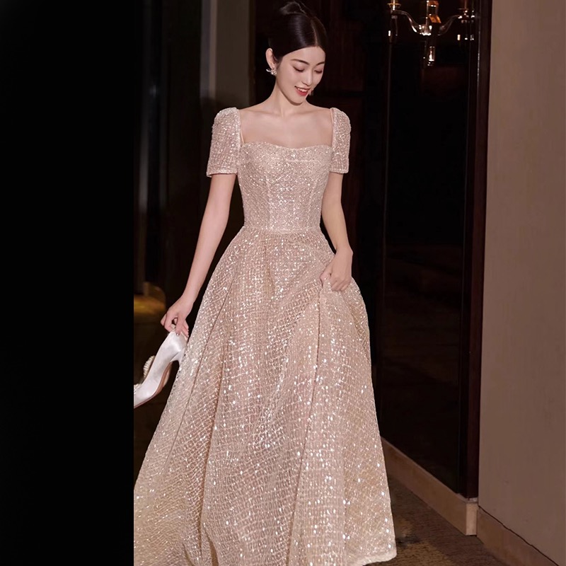 

Luxury Glitter Prom Dress Square Collar Zipper Backless A Line Shiny Elegant Party Short Sleeve Classic Formal Evening Gown New, Same as picture